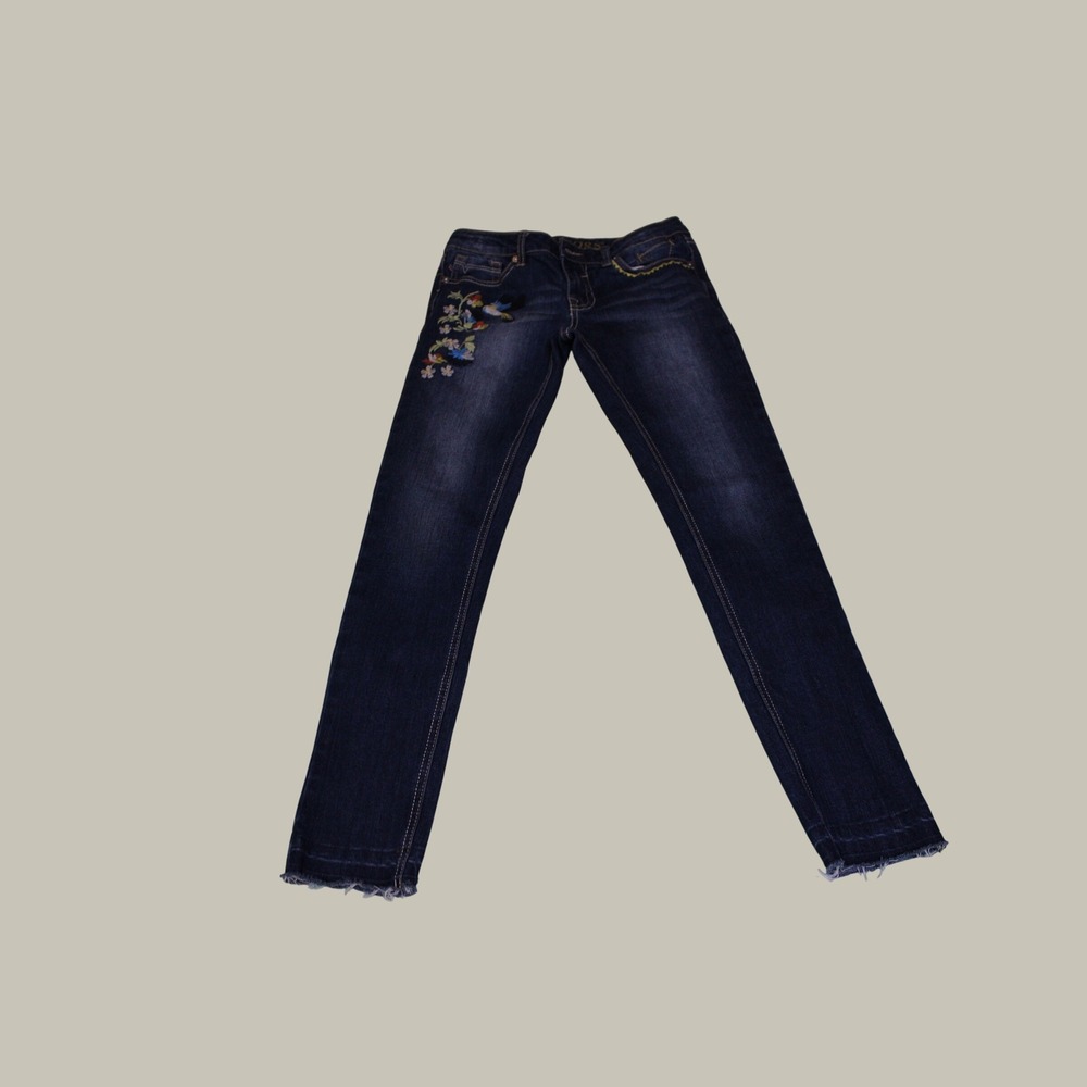 Vigoss Girls Size 14 Embroidered Skinny Jeans Dark Wash Raw Hem Floral Stretch